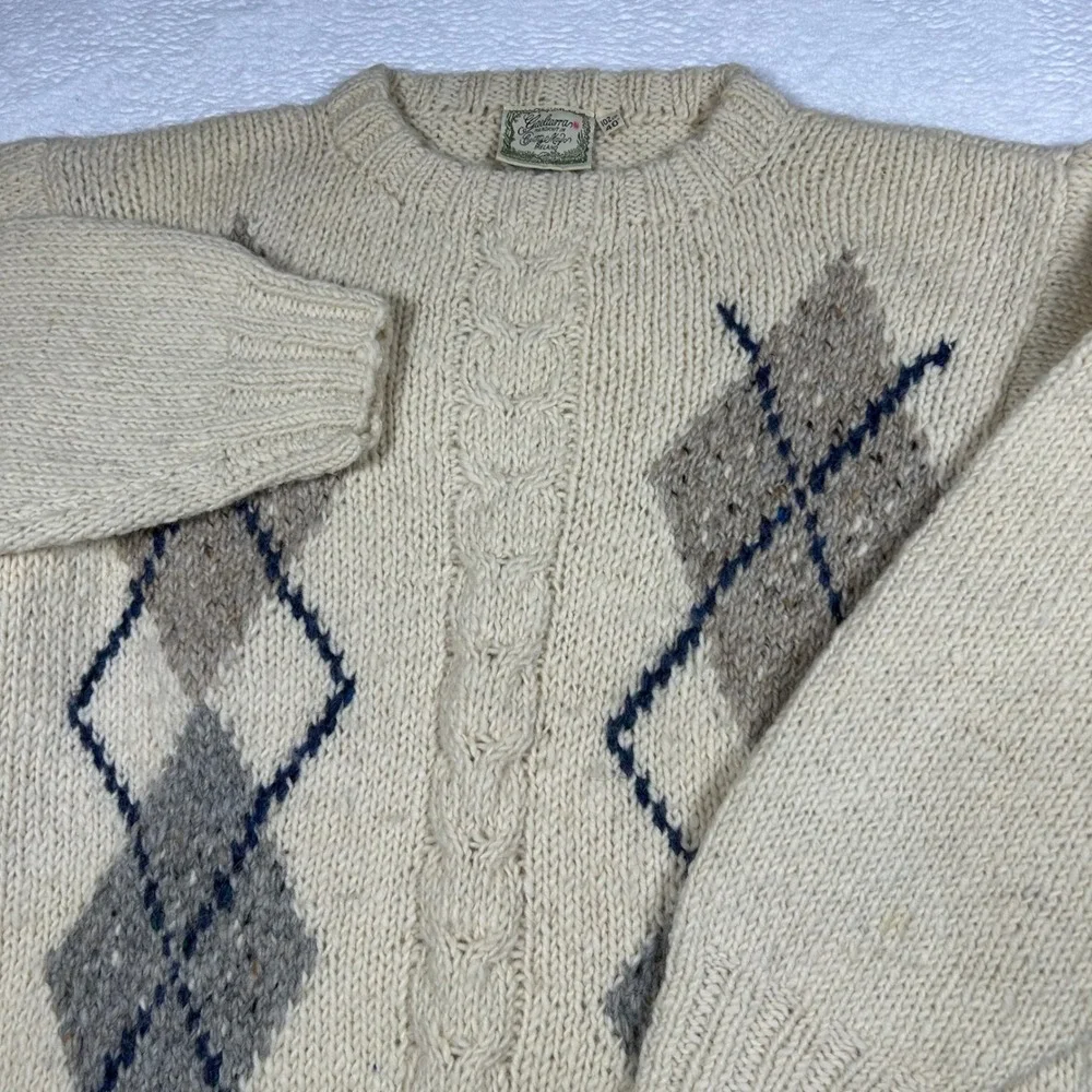 Gaeltarra Argyle Sweater Fisherman Fair Isle Grandpa Mens 40 Cream Wool Ireland